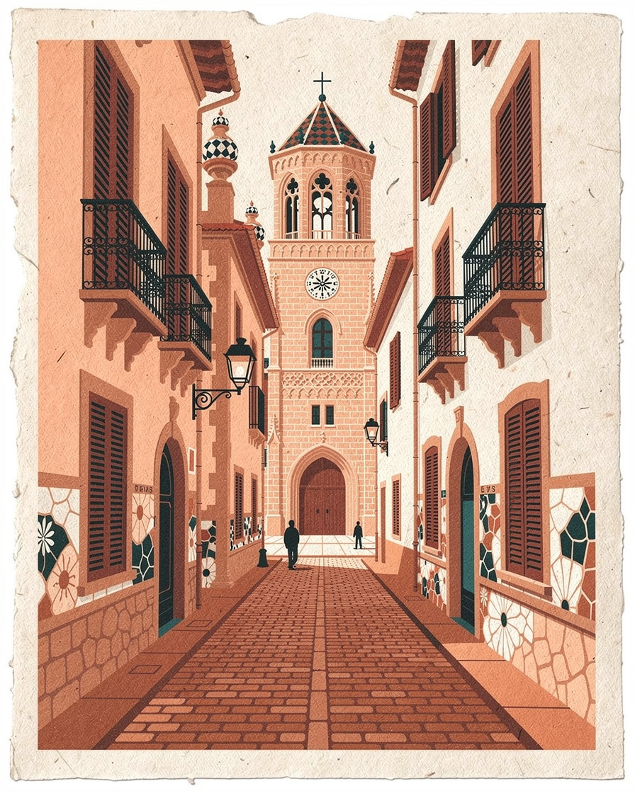 Calle estrecha de casco antiguo con fachadas de contraventanas y un campanario al fondo