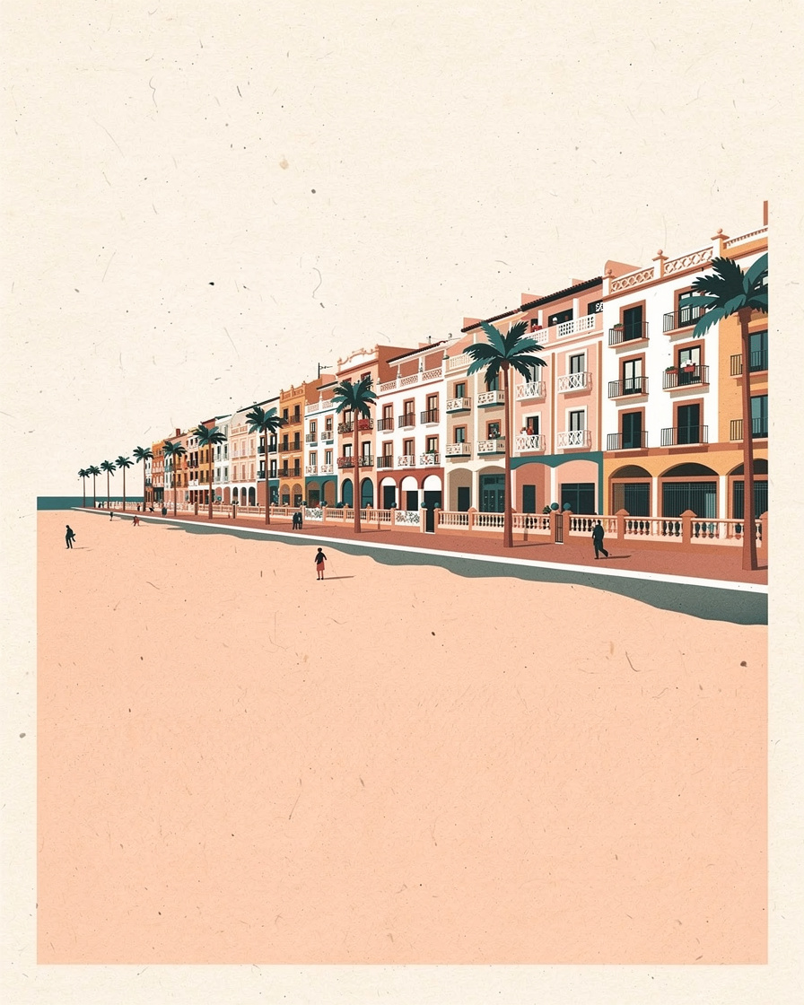 Hilera de edificios bajos frente a una playa recta, con palmeras a lo largo del paseo