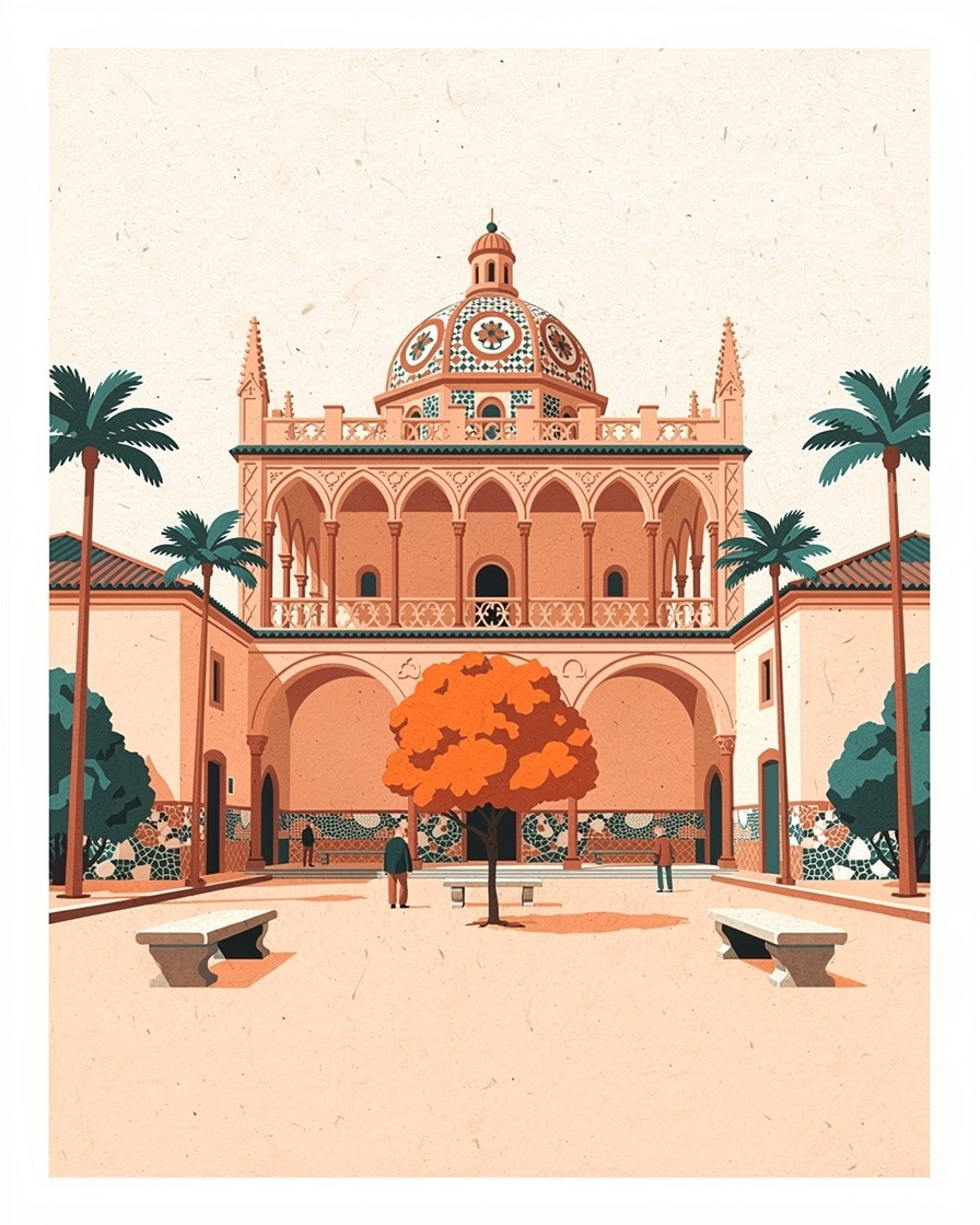 Patio de museo con cúpula cerámica sobre una galería de arcos y bancos de piedra vacíos