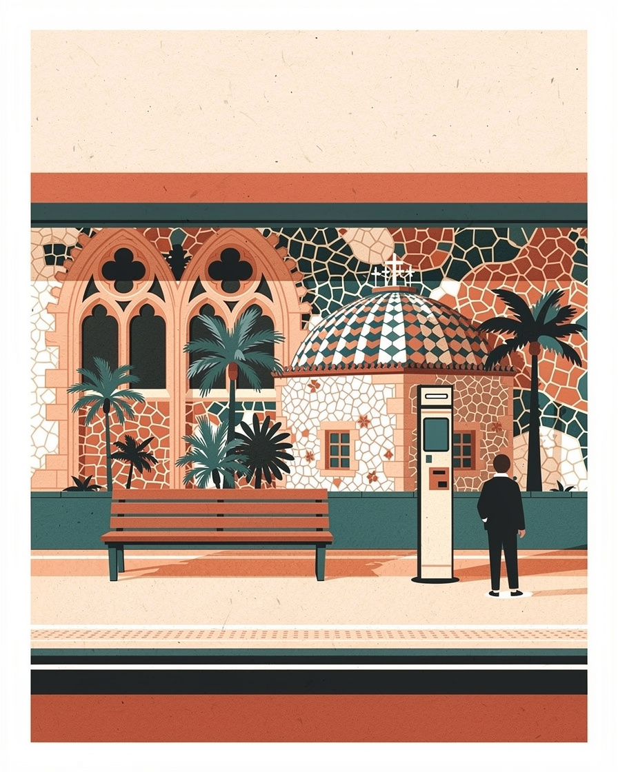 Andén de metro visto de frente, con un banco vacío y la pared en mosaico de trencadís