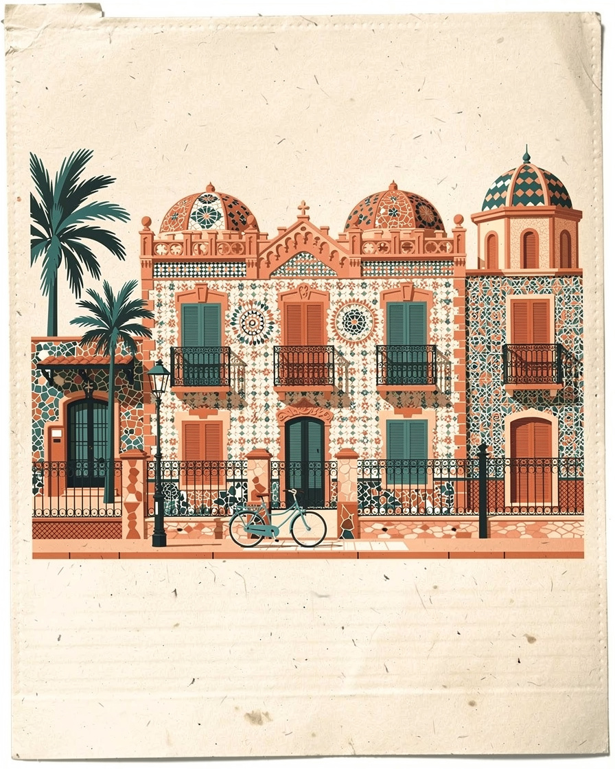 Fachadas de casas bajas del barrio del Cabanyal en Valencia cubiertas de azulejos de colores, con balcones de forja y una bicicleta apoyada en la acera