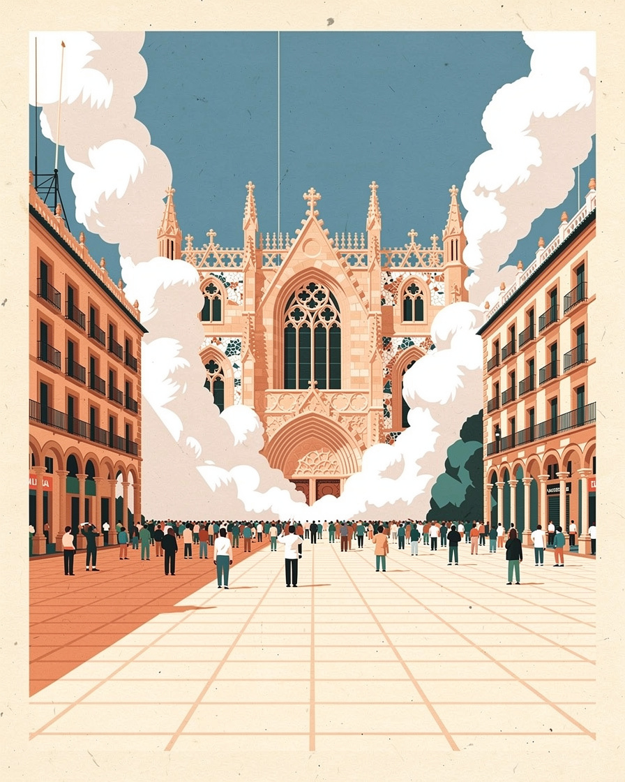 Plaza del Ayuntamiento de Valencia abarrotada al mediodía durante una mascletà, con humo blanco subiendo entre las fachadas